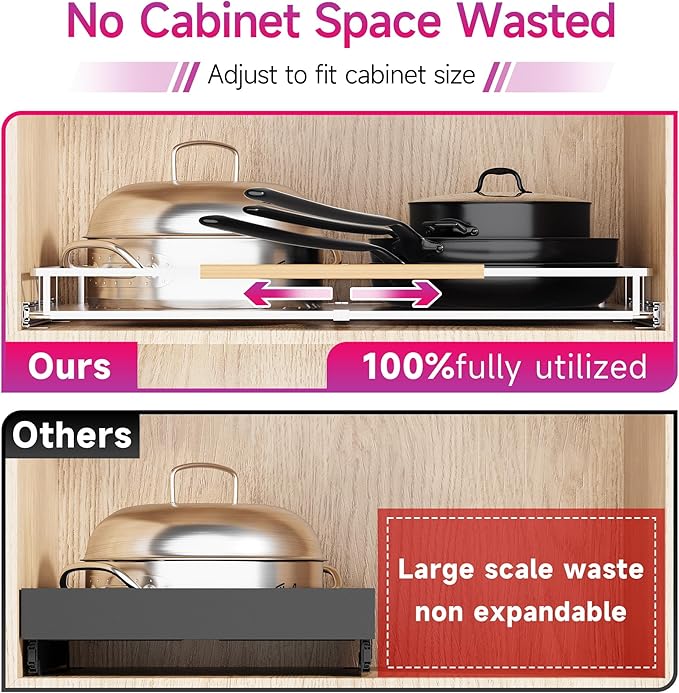 Pull Out Cabinet Organizer, Expandable(14.9"~25.9") Cabinet Drawers Slide Out, Adjustable Width Roll 0ut Shelf Cabinet Organizer for Kitchen Base Cabinet Organization (Large, 2Pack)