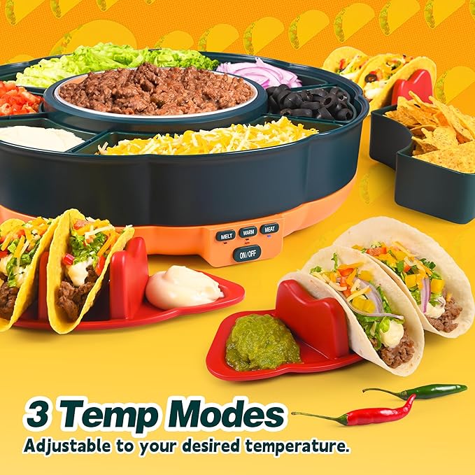 Taco Tuesday Kit, Taco Bar Serving Set for a Party with 3-Temp Control, 33oz Heated Pot, 6 Removable Trays & 4 Taco Holders, Lazy Susan Taco Bar for Burritos, Nachos, and Fajitas, Christmas Gift