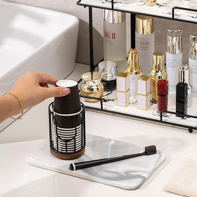 Black 2 Tier Bathroom Organizar and Black Bathroom Cup Dispenser with Acacia Wood Stand - Essential Bathroom Accessories for Toothbrush Holders & Mouthwash Cup Dispenser on Vanity Countertops
