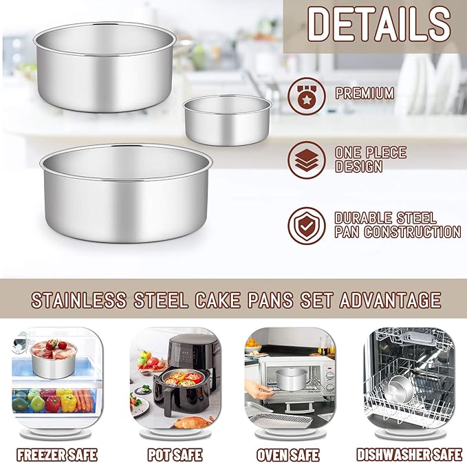 E-far Cake Pan Set of 3 (4’’/6’’/8), Deep Stainless Steel Round Cake Pans Tins for Wedding Birthday, Non-toxic & Dishwasher Safe, Mirror Finish & Straight Side