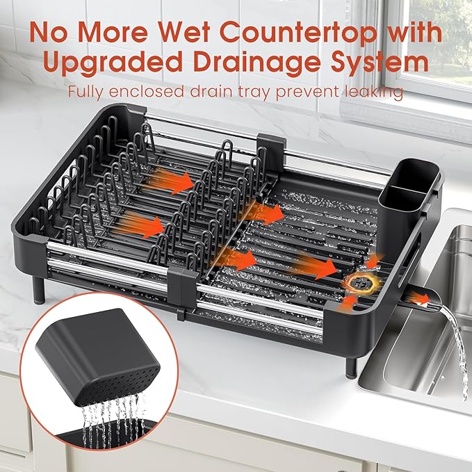 TOOLF Dish Drying Rack, Expandable Dish Rack for Kitchen Counter, Anti-Rust Dish Drainer, Sink Organization and Storage Essentials with Cutlery & Cup Holder, Black