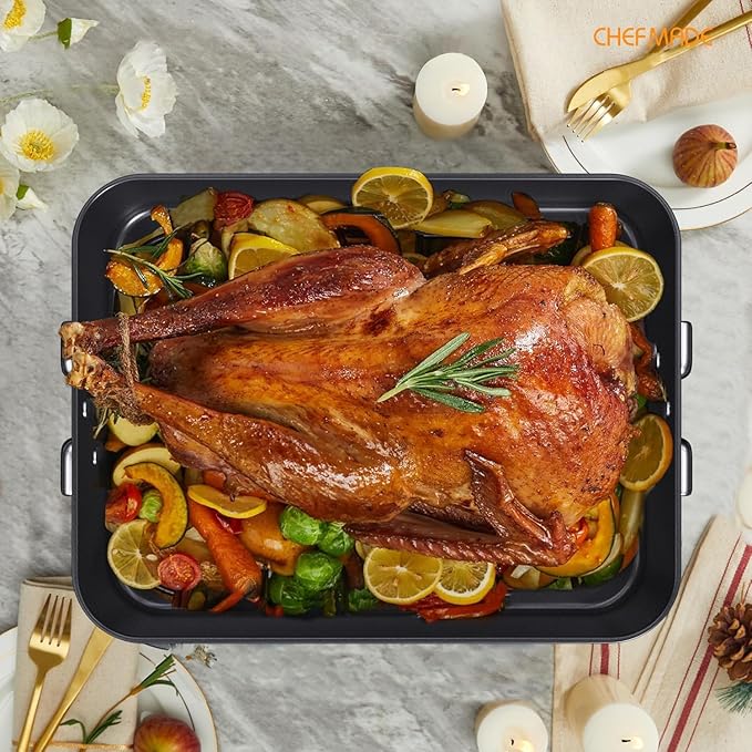 CHEFMADE Roasting Pan, 16-Inch Non-Stick Turkey Roaster Lasagna Pan with Rack - Rectangular Deep Dish Chicken Roaster Pan 16.3" x 12.52" x 3.11"(Black)