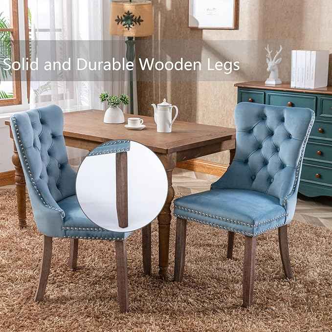 Upholstered Dining Chairs Set of 2, Velvet Dining Room Chairs with Back Ring Pull Trim and Solid Wood Legs, Tufted Wingback Kitchen Chair Perfect for Dining Room,Living Room,Kitchen(Light Blue)