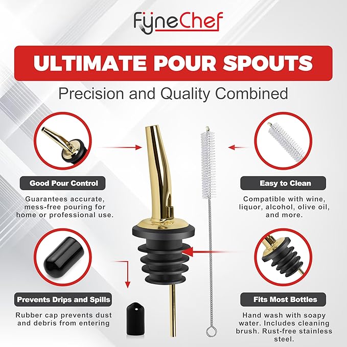48 Pack Stainless Steel Bottle Pourers for Alcohol, Liquor, and Wine - Bar Accessories, Spouts for Bottles and Dispensers (gold)