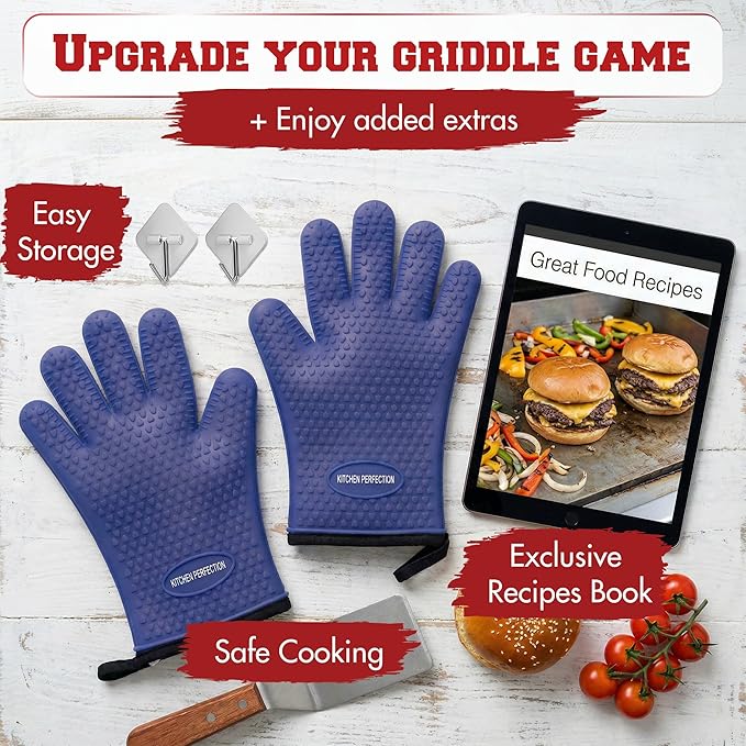 KITCHEN PERFECTION Silicone Oven & Griddle Gloves -Extreme Heat Resistant BBQ & Grilling Gloves -Handle Hot Food Right on Your Griddle |Waterproof Oven Mitts Grill Gloves |Superior Set+3 Bonuses