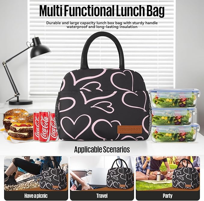douyadady Lunch Bag Women/Men Lunch Box Women/Men (black+pink heart)