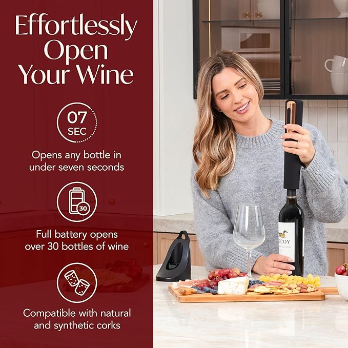 Rechargeable Electric Wine Opener + Battery Powered Electric Wine Opener Gift Bundle Set (Black & Rose Gold)