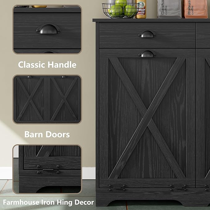 Furniouse Farmhouse Trash Can Cabinet, Double Tilt Out Trash Bin Cabinet with Barn Doors & Hideaway Drawers for Kitchen, All Black