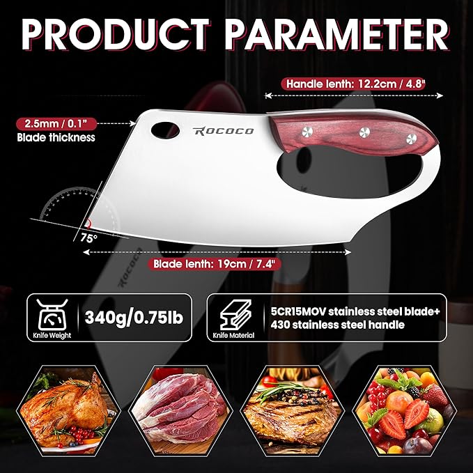 ROCOCO Meat Cleaver Knife Unique Effort Saving Professional Stainless Steel Kitchen Chef Cooking Knives for Cutting Meat Vegetable Thanksgiving Christmas Gift Red Full Tang 7.48"