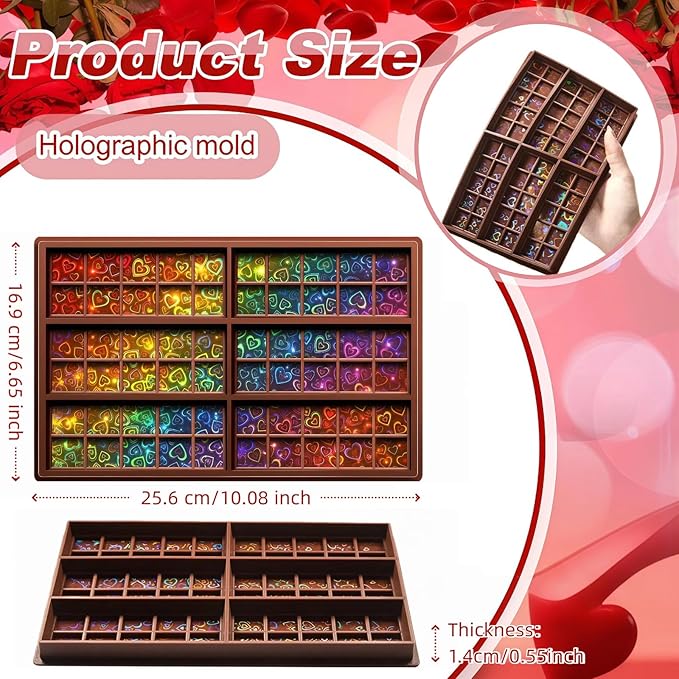 Ziliny Heart Holographic Chocolate Bar Mold Silicone, Rainbow Light Effect Chocolate Bar Deep Thick Molds for DIY Candy Dessert Baking, Candy, Wax Melts, Cake Decoration (Square)
