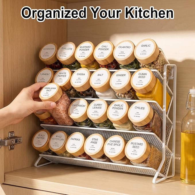AISIPRIN Spice Rack with Spice Jars 398 Labels,4oz 24 Pcs Spices Jar with Bamboo Airtight Lids,Spices Container Set Seasoning Organizer for Countertop, Cabinet, Kitchen, Pantry, Cupboard