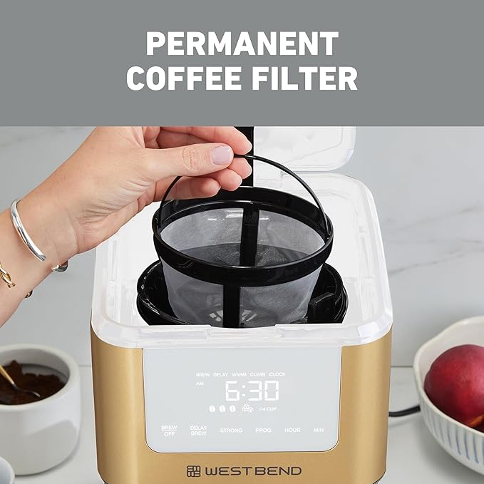 West Bend Timeless 12-Cup Programmable Coffee Maker with Brew Strength Selector for Hot and Iced Coffee, Includes 1-4 Cup Brew Option and Permanent Filter