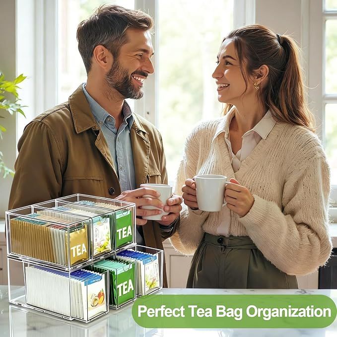 4 Pack Stackable Tea Bag Storage Organizer Drawers – Clear Acrylic Tea Bag Holder for Cabinet, Drawer, Pantry, Countertop – Kitchen Tea Storage Container
