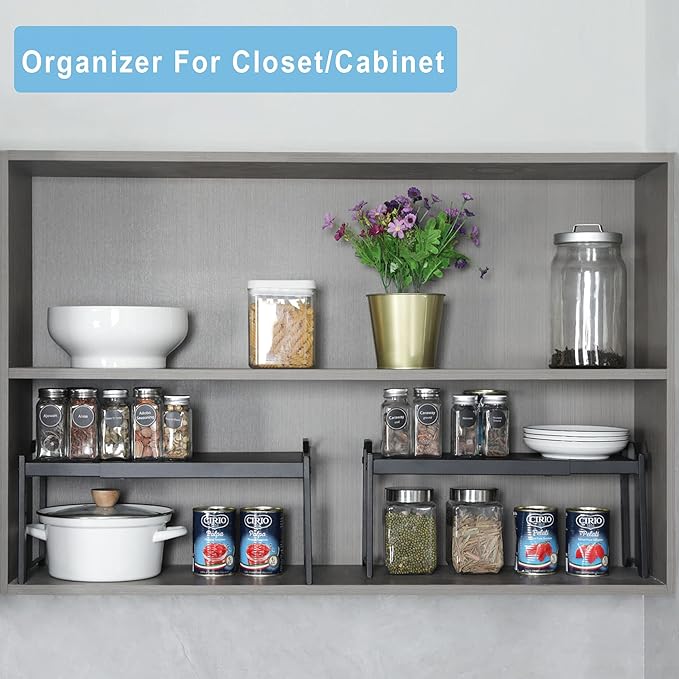 25.5 Inches 3 Pack Expandable Cabinet Shelves, Stackable Shelf Organizer For Kitchen Cabinet Countertop Storage, Adjustable Counter Cupboard Pantry Organizer Shelf Rack Stand Riser, Black