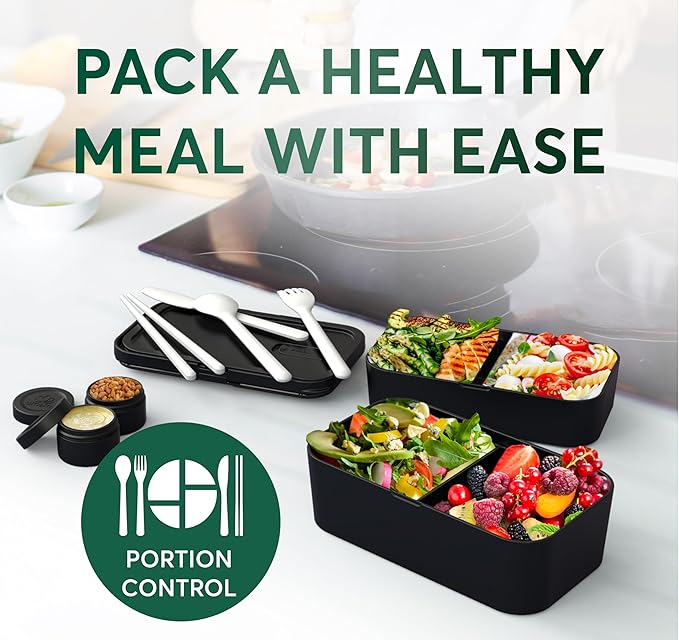 Umami Premium Lunch Box Containers w/ 4 Utensils, 2 Sauce Jars, Nestable Space-Saving Bento Box Adult, 100% Leakproof, Microwavable Lunch Containers for Adults, Walnut Black, 50 oz
