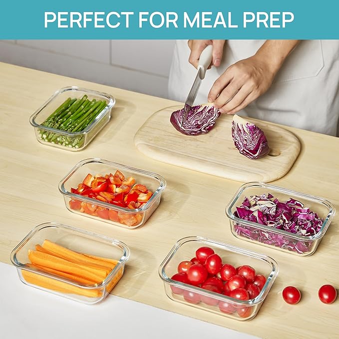Vtopmart 5Pack 22oz Glass Storage Containers with Lids, Glass Meal Prep Food Container Sets with Snap Airtight Lids for Microwave, Oven, Freezer and Dishwasher, Pink