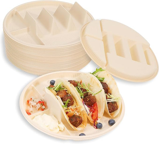 LUVCOSY 10'' Large Disposable Taco Plates, 3-Taco & 4-Sides, Biodegradable Cornstarch Taco Holder, Big Size Fit Soft & Hard Tortilla, Sturdy & Microwave Safe, Bar Serving Set For A Party- 40 Pack