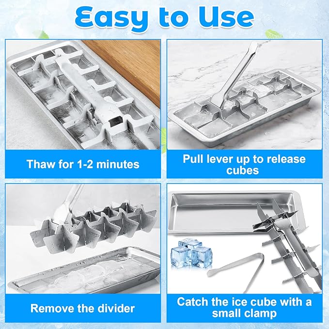 YAYODS 2 Pack Stainless Steel Ice Cube Trays for Freezer, Metal Ice Cube Tray with Tongs, 18-Cell Large Cubes, 304 Stainless Steel Ice Trays for Kitchen & Bar