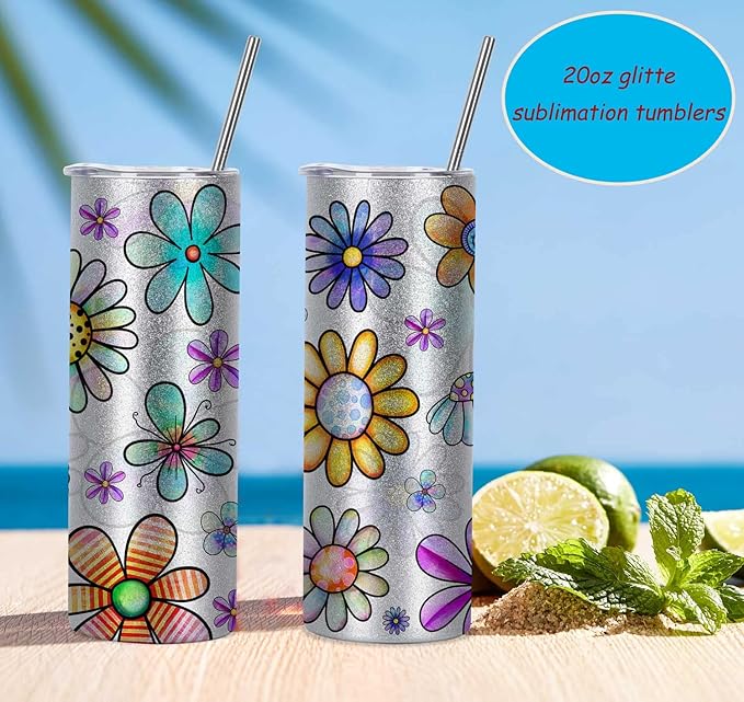 Glitter Sublimation Tumblers 20 Oz Skinny Straight, 8 Pack Sublimation Glitter Skinny Tumbler Blanks, Insulated Stainless Steel Tumbler, Silver