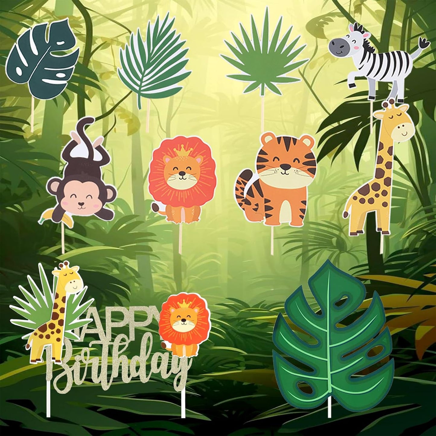 Safari Animal Cake Topper, Wild One Birthday Decorations,Safari Baby Shower Decoration,with Tropical Leaves,Cute Jungle Animals Cake Decor, for Girls Boys, Wild Theme Birthday Party Supplies