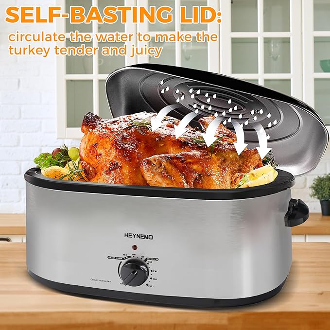 18Qt Turkey Roaster Oven Buffet with Self-Basting Lid, 1450W Electric Roaster Pan with Cool-Touch Handles, Stainless Steel Roaster Oven with Removable Pan and Rack, Silver