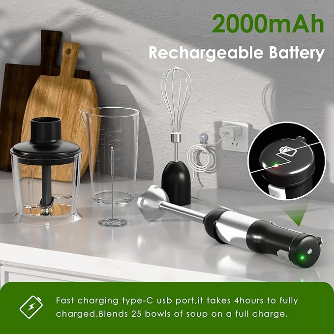 Cordless Immersion Hand Blender, 5-in-1 Variable Speed blender handheld,Rechargeable with 2000mAh Battery, BPA-Free & Dishwasher-Safe Accessories:700ml Beaker,Chopper,Whisk & Milk Frother,Black