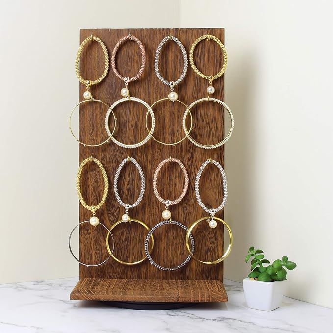 Ikee Design 2 Pcs Wooden Rotating Two-Sided Jewelry Display Stand, Rotating Organizer with 32 Hooks for Store, Keychain Earring Display with Hooks, Brown color, 9 W x 7.5 D x 16.5 H in