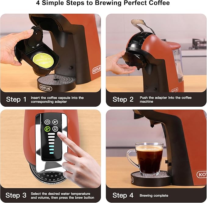 KOTLIE EM-308B Espresso Machine, Single Serve Coffee Maker Compatible with Multiple Capsule Types, Ground Coffee, and ESE Pods, 3 Temperatures, 7 Water Volume Levels, 34 Oz (Orange)