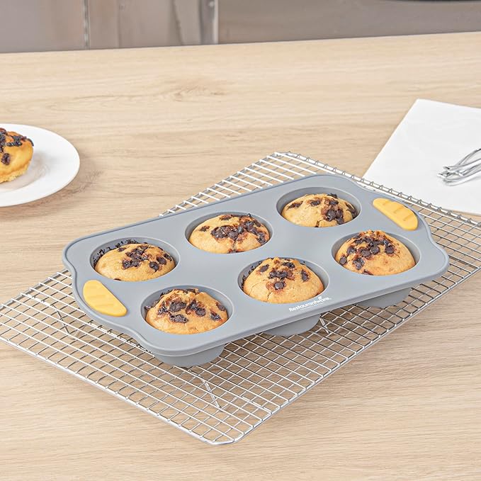 Restaurantware Silicone Baking Molds Pack of 10 Non-Stick Muffin Molds with Handles 6 Compartments, Oven-Friendly Dishwashable Freezer-Friendly Heat-Resistant Gray Silicone Cupcake Muffin Pans