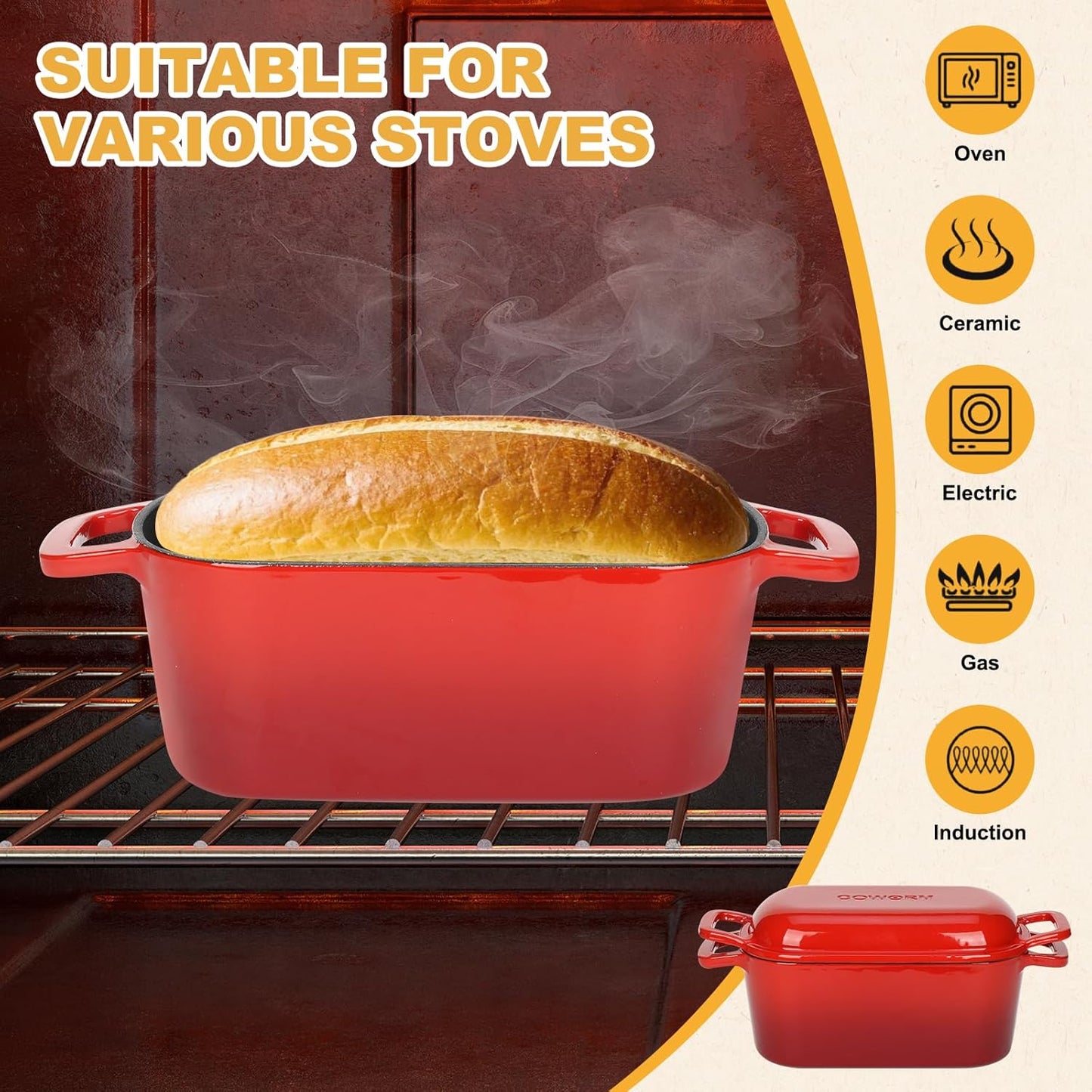 3.6QT Oval Enameled Cast Iron Dutch Oven, Sourdough Bread Baking Pan with Lid