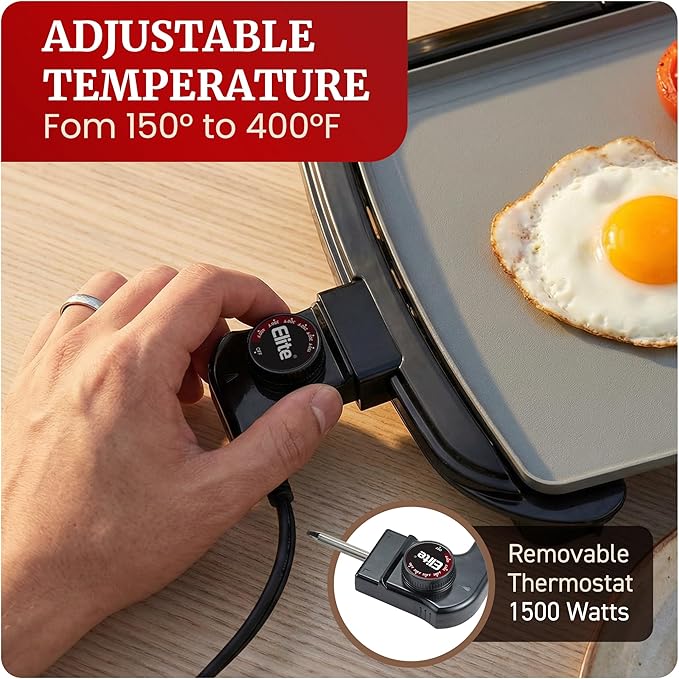 Elite Gourmet 10" x 20", Electric Griddle, Large PFAS-Free Ceralast™ Ceramic Non-Stick Surface Cool-touch Handles, Removable/Adjustable Thermostat, Easy to Clean Removable Grease Tray, Black/Grey