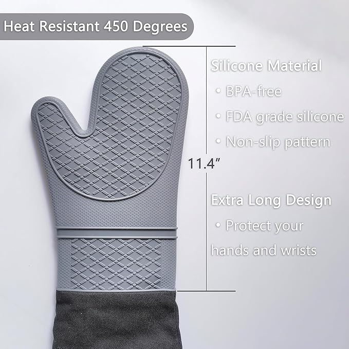 Estrend Extra Long Silicone Oven Mitts Heat Resistant Commercial Grade Professional Oven Gloves for Kitchen, BBQ, Baking, Cooking, Grilling, 19.7 Inch
