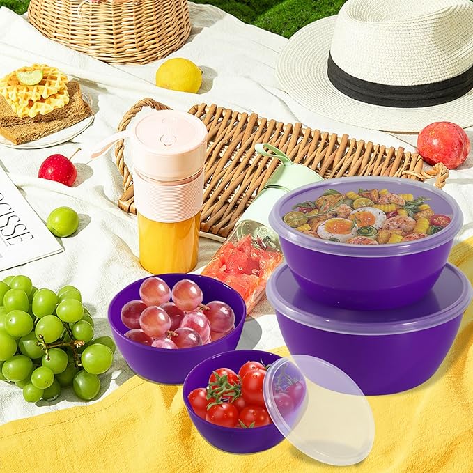 4-Piece Classic Plastic Prep Bowls with Lids, Nesting Plastic Small Mixing Bowl Set for Mixing, Baking, Prepping, Cooking and Serving Food, Microwave and Dishwasher Safe (Purple)