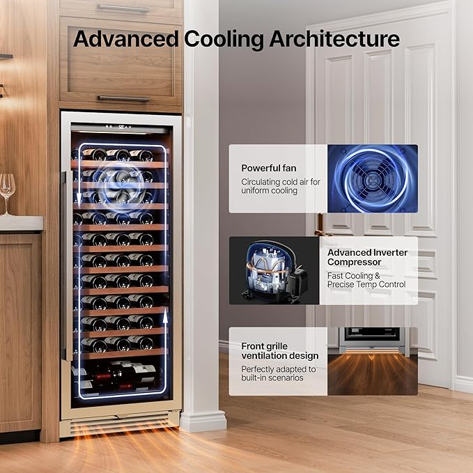 Ca'Lefort 90 Bottle Wine Fridge - 24 Inch 40-65°F Wine Cooler with Glass Door & Bottom Drawer, 10 Adjustable Shelves & 3 LED Lights, Energy Star Certified Built-in/Freestanding for Home/Bar/Kitchen