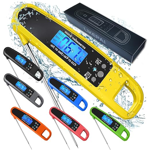 Instant Read Meat Thermometer for Kitchen Cooking, Ultra Fast Precise Waterproof Digital with Backlight, Magnet and Foldable Probe for Food,Deep Fry, Outdoor BBQ, Grill(Yellow)