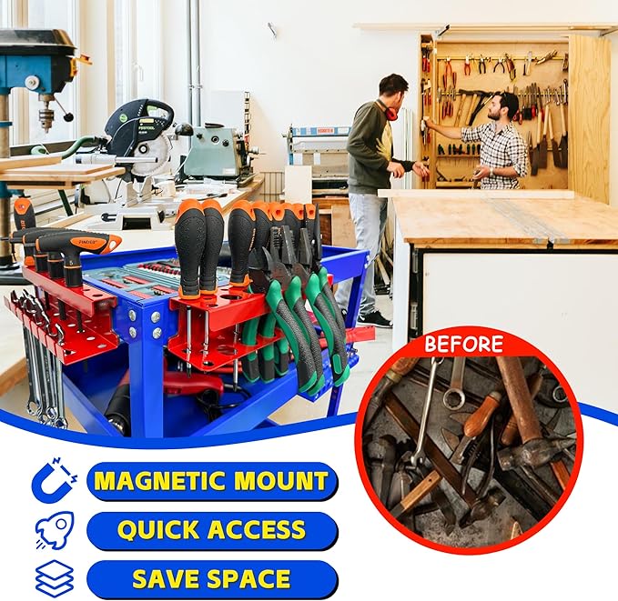ULIBERMAGNET Magnetic Screwdriver Holder,Magnetic Wrench Holder,Heavy Duty Red Metal Hand Tool Storage Organizer,Set of 2 Magnetic Mount Tool Holder for Garage,Workbench,Tool Cart,PegBoard