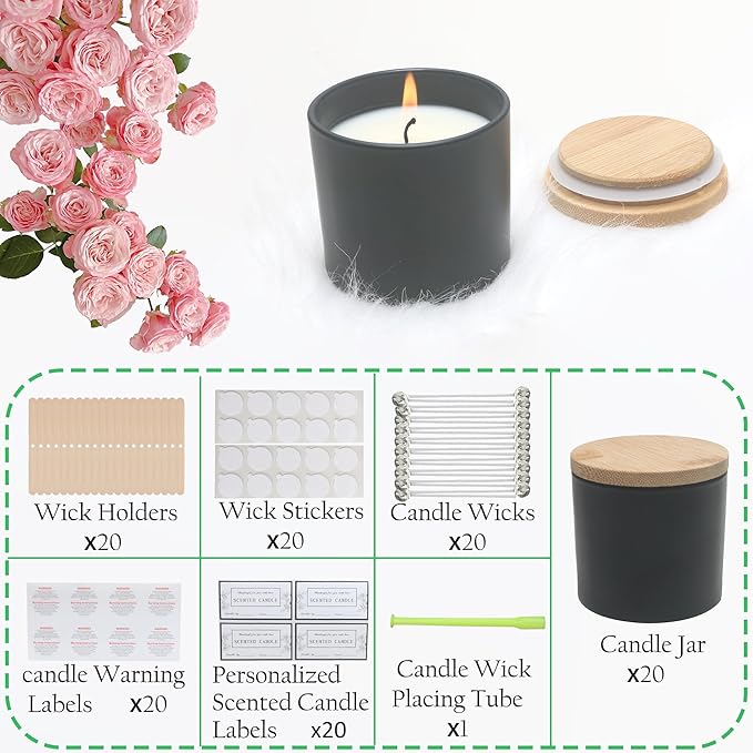 MILIVIXAY 20 Pack 4 OZ Matte Black Glass Candle Jars with Lids and Candle Making Kits - Bulk Small Empty Candle Jars for Making Candles - Spice, Powder Containers.