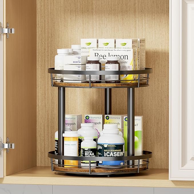 LAMU 2 Tier 9'' Lazy Susan Turntable Organizer for Cabinet and 10'' Wood Lazy Susan Spice Rack
