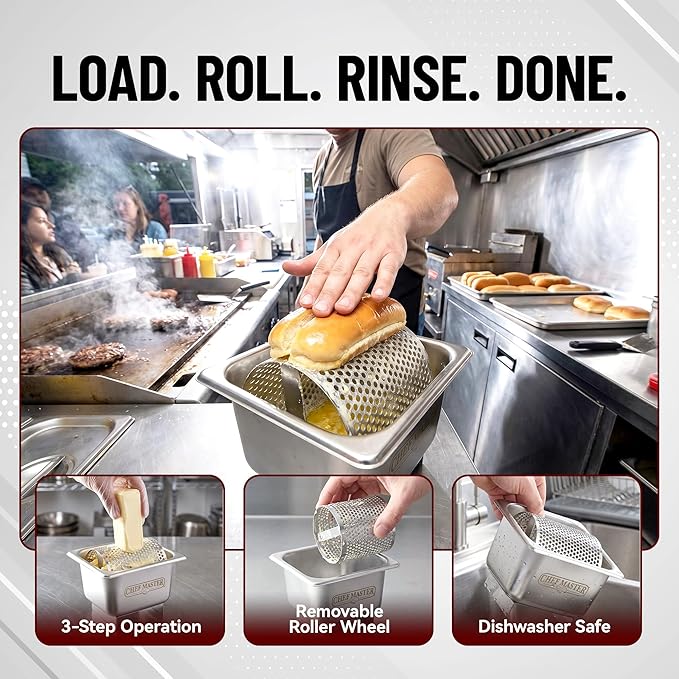 Stainless Steel Butter Spreader Dispenser – Stick Butter Roller for Buns & Bread - Holds 3 Sticks (55 oz) - Dishwasher Safe Wheel for Griddle & Flat Tops by Chef Master - 90021
