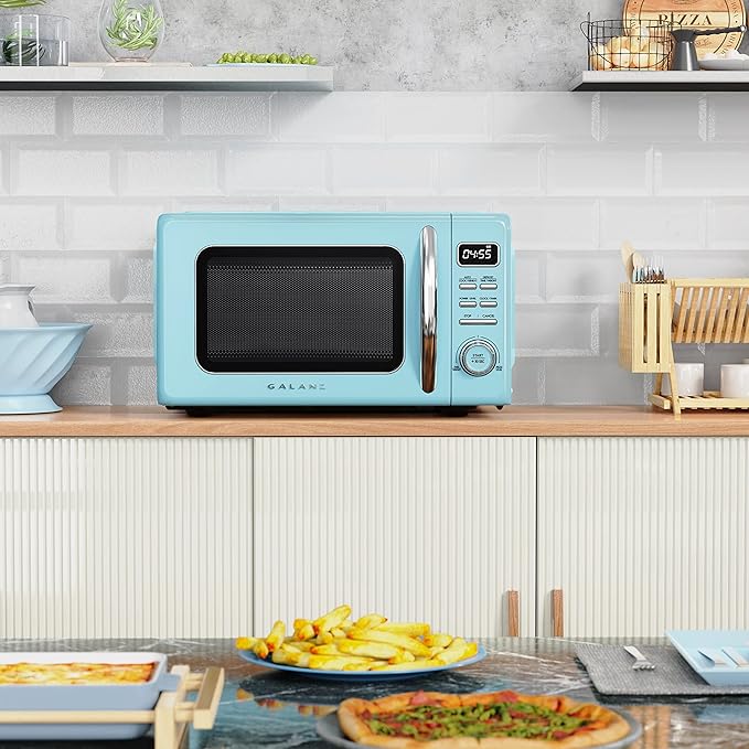 Galanz GLCMKZ07BER07 Retro Countertop Microwave Oven with Auto Cook & Reheat, Defrost, Quick Start Functions, Easy Clean with Glass Turntable, Pull Handle.7 cu ft, Blue
