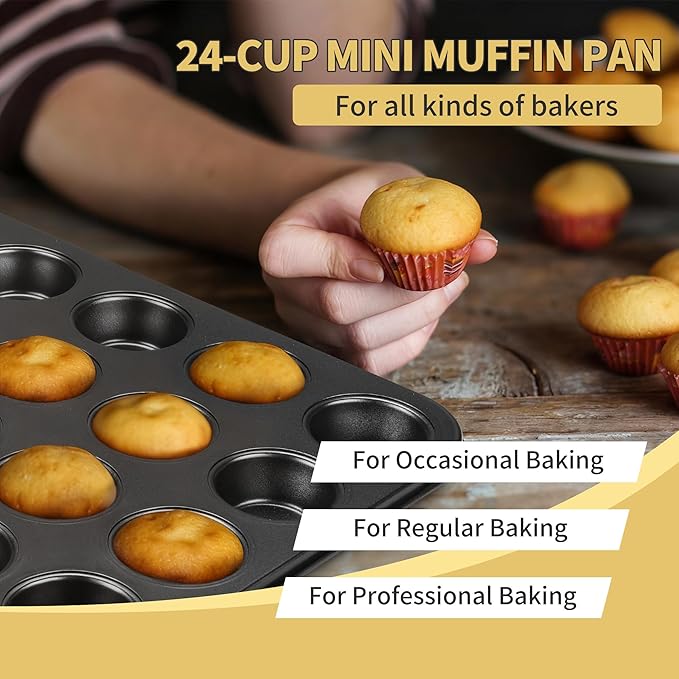 TeamFar Mini Muffin Pan, 24-Cup Non-Stick Carbon Steel Cupcake Tray Tin for Baking, Small Cup Cake Bakeware for Bite-Sized Cheesecake Tart Quiches, Even Baking & Effortless Release & Easy Clean