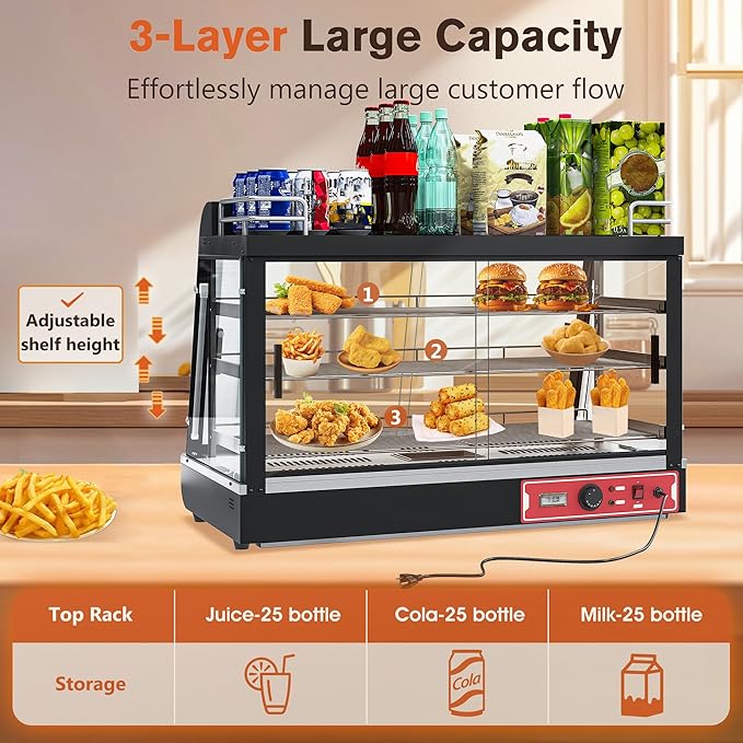 Whalefall Countertop Food Warmer with top Holder, 35 inch Commercial Food Warming Cabinet, tri-Color Lighting, w/Thermometer and Adjustable Thermostat for Cafeteria Kitchens Restaurants