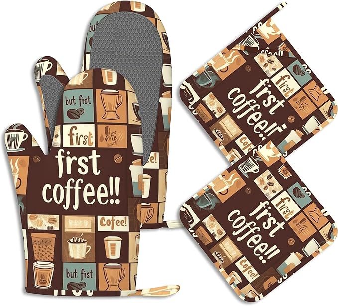 First Coffee Oven Mitts and Pot Holders Vintage Modern Art Silicone Kitchen Accessories Set of 4 Heat Resistant Non-Slip Long Gloves Potholder for Chef Cooking Baking Gifts Women Men