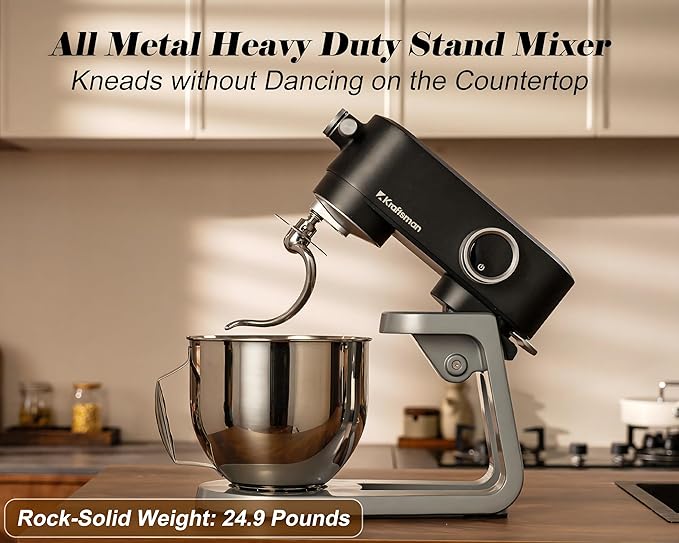 Stand Mixer All Metal - Heavy Duty Kitchen Standing Mixer 5.3 Quart with 4 Stainless Steel Attachments, DC Motor & Multifunctional Power Hub, 8-Speed & Timer, Lower Noise (Black)