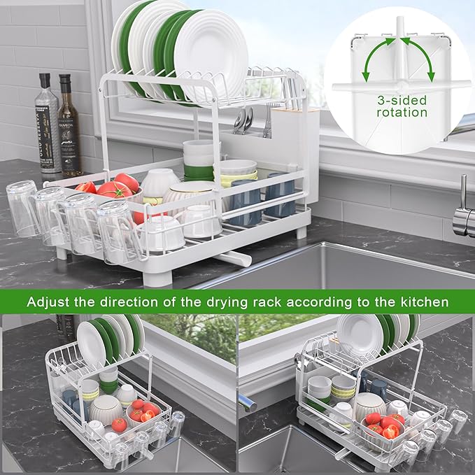 Runnatal Dish Rack with Drainboard, 2-Tier Dish Drying Rack for Kitchen Counter and Sink, Detachable 2-in-1 Utensil Holder, Cup Holder, Large Capacity Dish Drainer, White