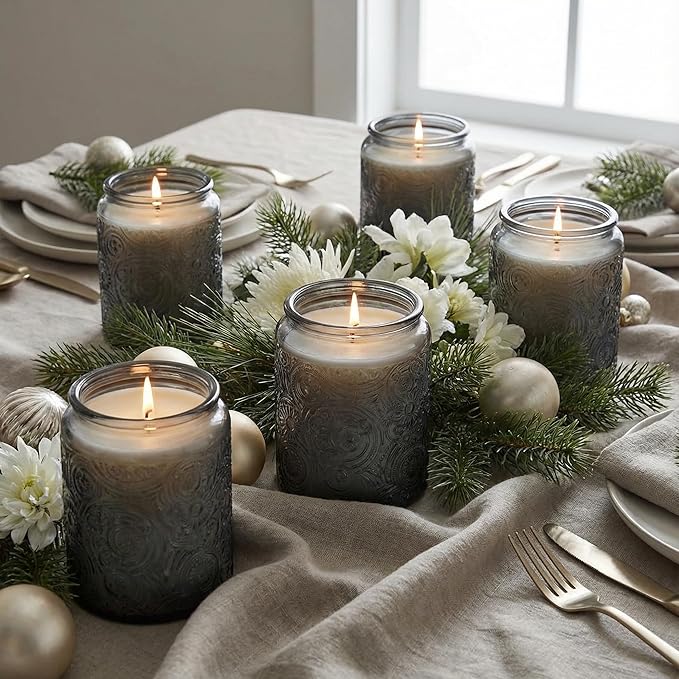 Art Secret 9-Pack 8oz Embossed Glass Candle Jars with Lids and Labels - Sun Moon Stars Design (Gray)