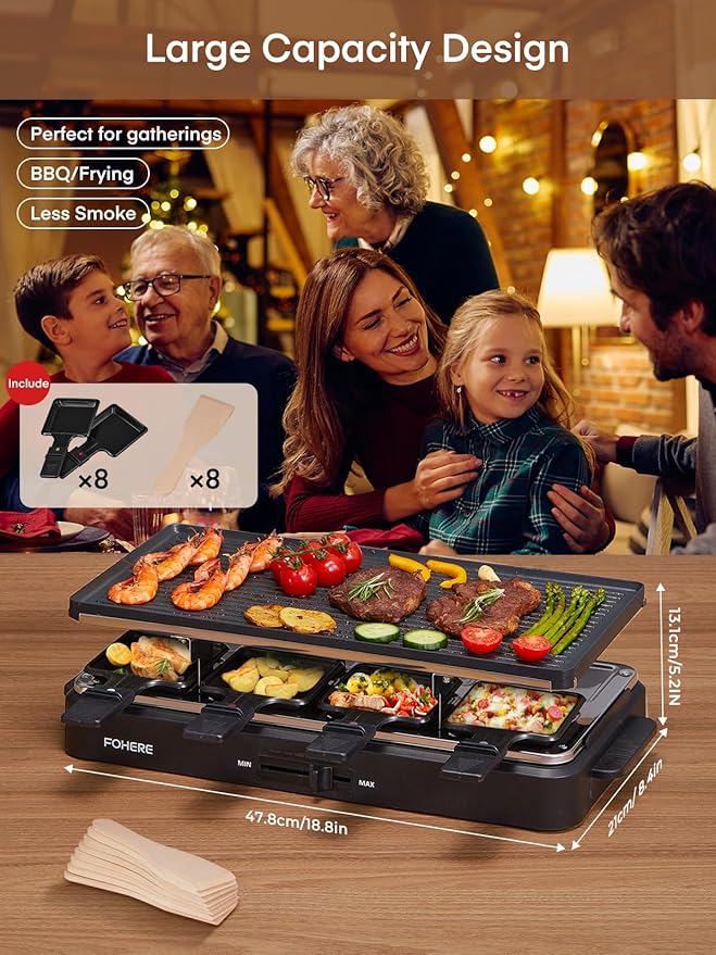 FOHERE Raclette Grill, 2 in 1 Raclette Table Grill Indoor, 1500W Korean BBQ Grill Electric Griddle with Reversible Non-stick plate, Adjustable Temp Control and 8 Paddles for Parties and Family Fun
