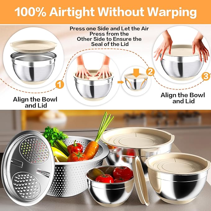 Nicdiet Mixing Bowls with Airtight Lids, Stainless Steel Mixing Bowl Set with 3 Metal Nesting Bowls, Colander & Grater, Non-Slip Bottoms, Size 1.5, 2.5, 5 QT, Great for Mixing & Serving, Khaki