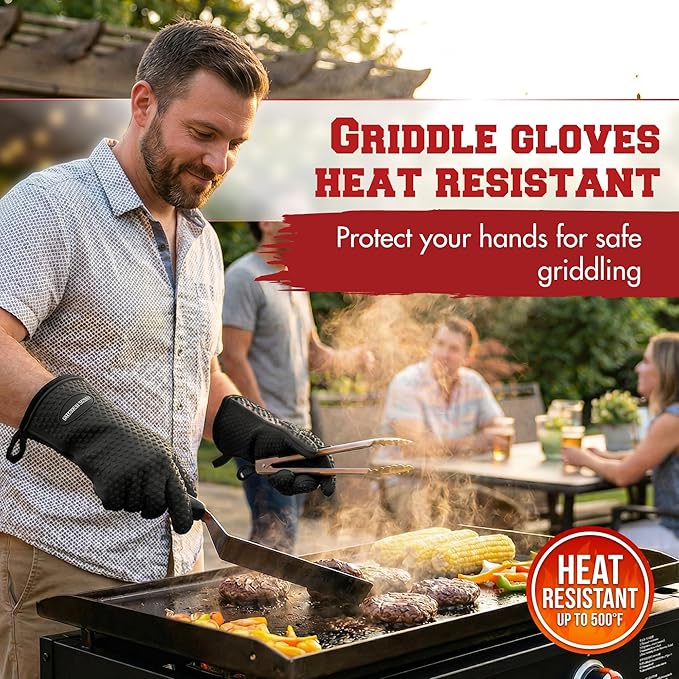 KITCHEN PERFECTION XL Silicone Oven & Griddle Gloves -Extreme Heat Resistant BBQ & Grilling Gloves -Handle Hot Food Right on Your Griddle |Waterproof Oven Mitts Grill Gloves |Superior Set+3 Bonuses