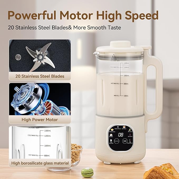 8 in 1 Nut Milk Maker Blender With 20 Bladers,40oz Soy, Almond, Oat, Coconut, Plant Based and Non Dairy Beverages, Automatic Soybean Machine With Delay Start/Keep Warm/Boil Water/Auto-clean